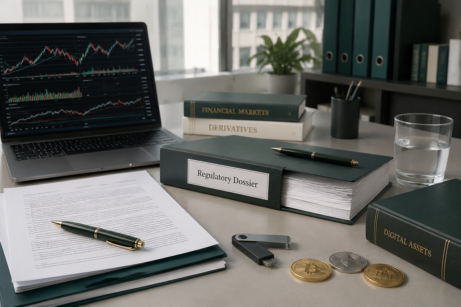 Photorealistic European regulatory worktable with a digital-asset market terminal, exchange dossier and hardware security key